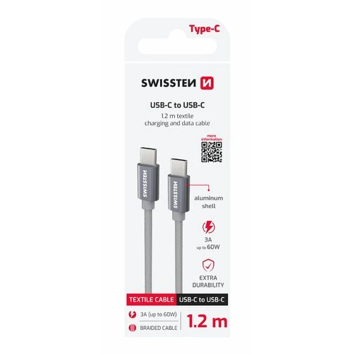 Dátový kábel Swissten USB-C/USB-C 1.2m Sivý opletený
