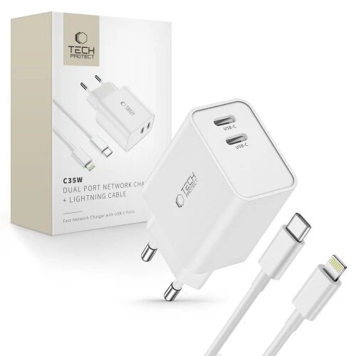 Nabíjačka Tech-Protect C35W 2-port PD 35W + Lightning kábel - biela