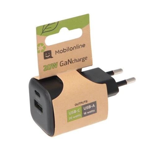 EKO NABÍJAČKA 20W 2-portová GaN (1x USB-C 20W PD + 1x USB-A 18W QC) Čierna