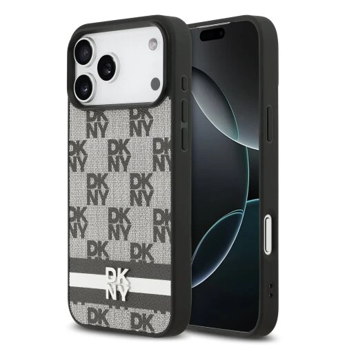 DKNY PU Leather Checkered Pattern and Stripe Zadní Kryt pro iPhone 17 Pro Max Black