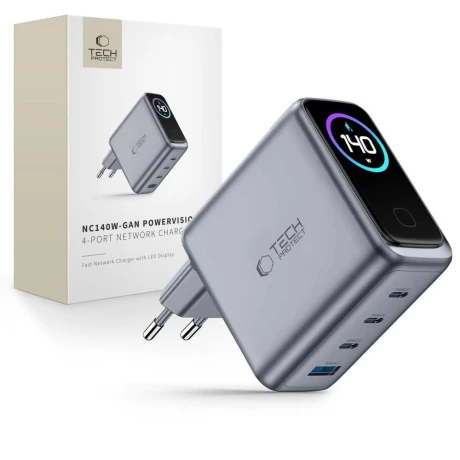 Tech-Protect Power Vision GaN sieťová nabíjačka USB / 3x USB-C QC PD 140W , šedá