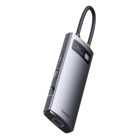 Baseus Metal Gleam USB-C HUB adaptér HDMI / VGA / 3x USB 3.2 / PD / RJ45, šedý