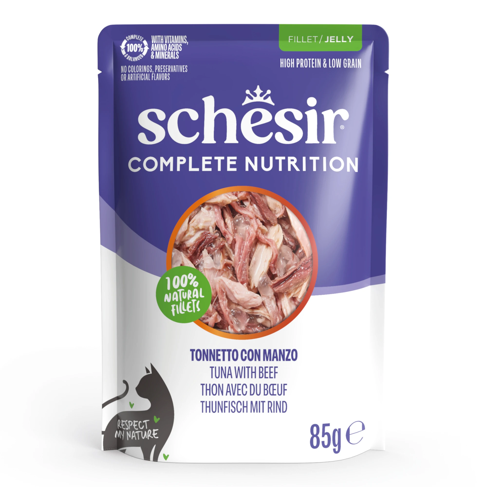 Schesir Complete Nutrition Filet v želé 12 x 85 g - tuniak s hovädzím
