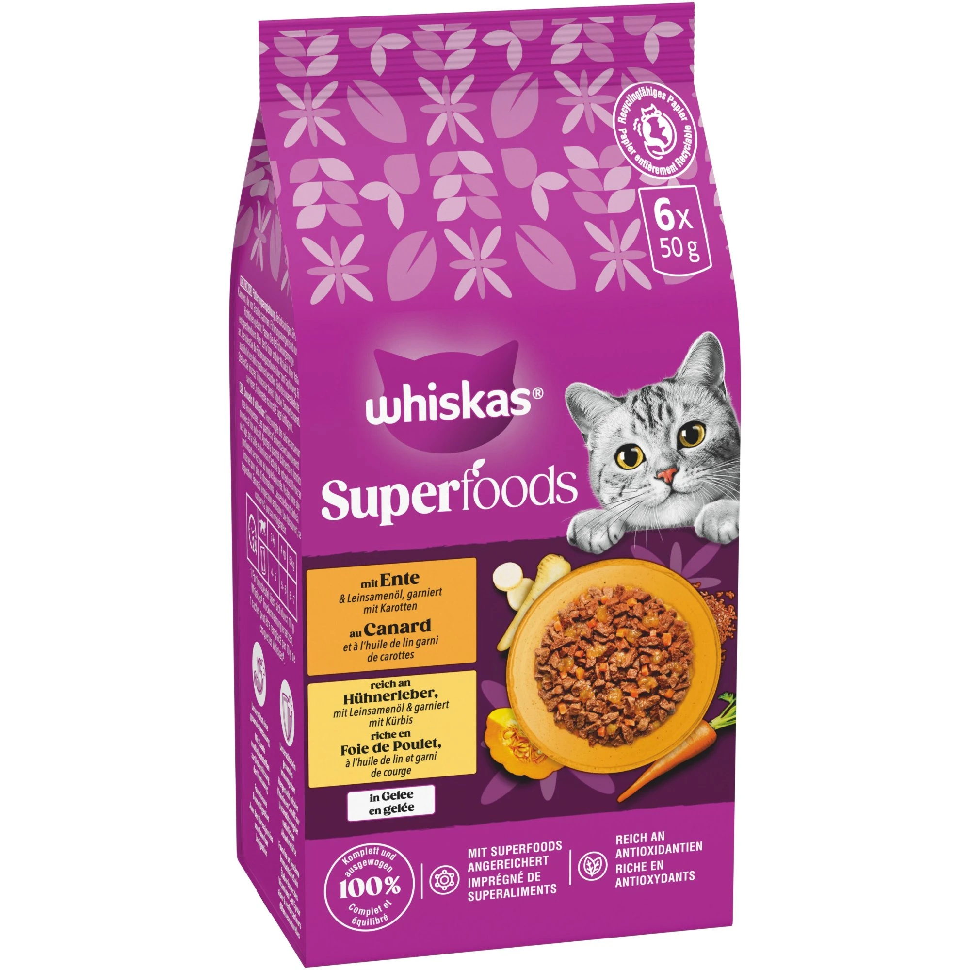 Whiskas 1+ Superfoods zmiešaný výber v želé 6 x 50 g - kačacie a kuracia pečeň