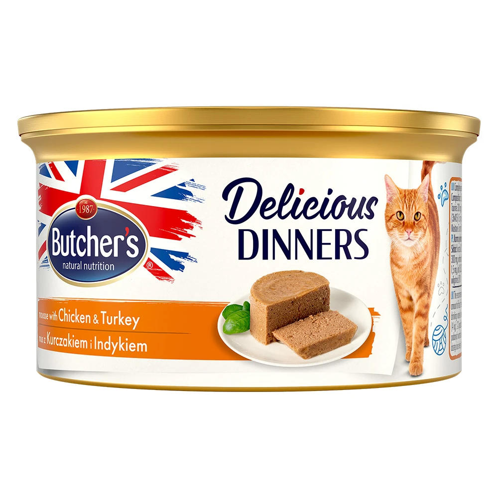 Výhodné balenie Butcher's Delicious Dinners pre mačky 48 × 85 g - kuracie a morčacie