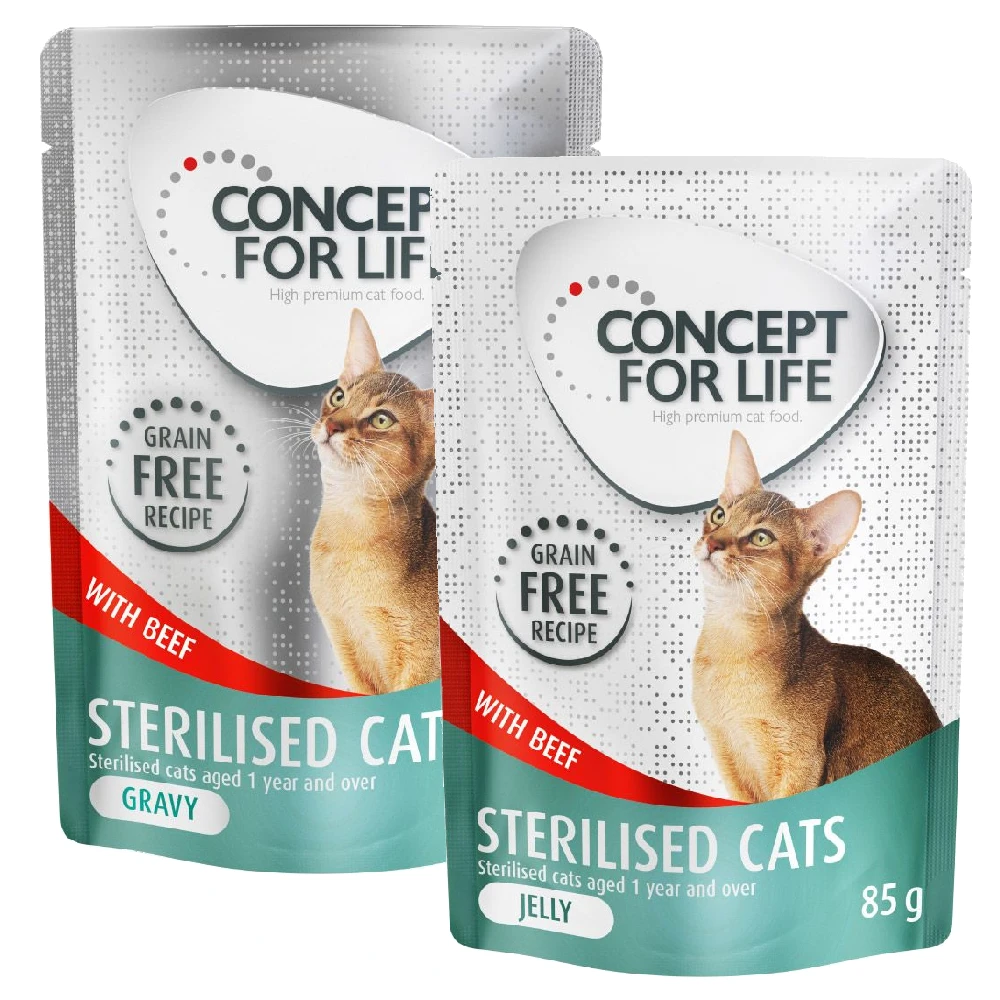 Miešané výhodné balenie Concept for Life bez obilnín v želé a v omáčke 24 x 85 g  - Sterilised Cats hovädzie
