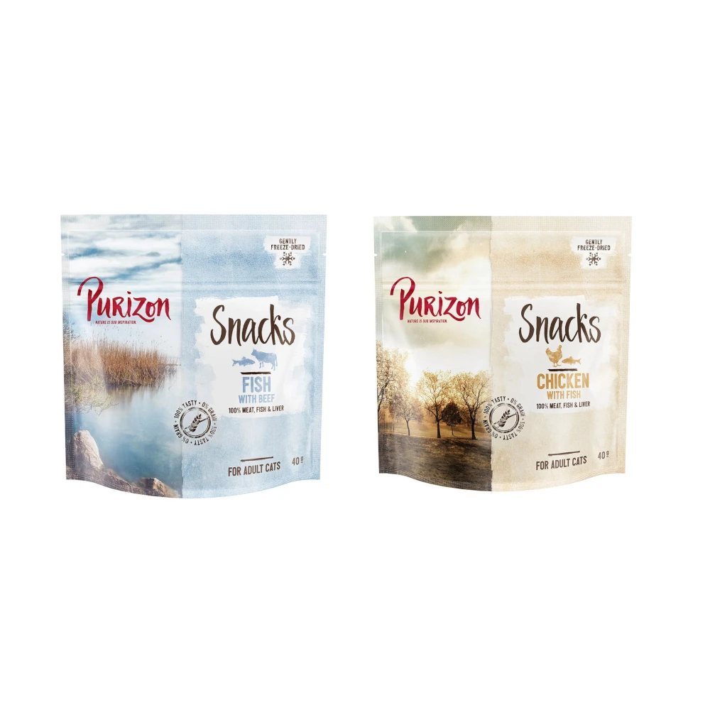 Balenie na skúšku Purizon Snacks 2 x 40 g  - kuracie a ryby / ryby a hovädzie