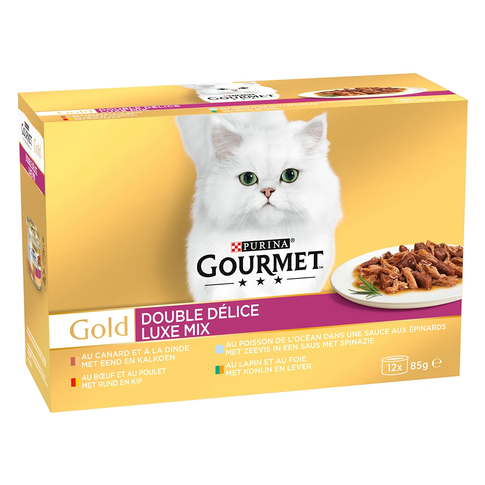 Jumbo balenie Gourmet Gold DUO Delice kapsičky 96 x 85 g - kačica a morka, hovädzie a kura, morské ryby, králik a pečeň