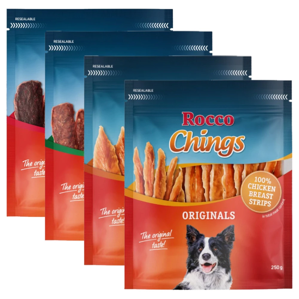 Miešané balenie na vyskúšanie Rocco Chings Originals - Mix: sušené kuracie prsia, plátky kuracích pŕs, kačacie prsia, hovädzina (900 g)