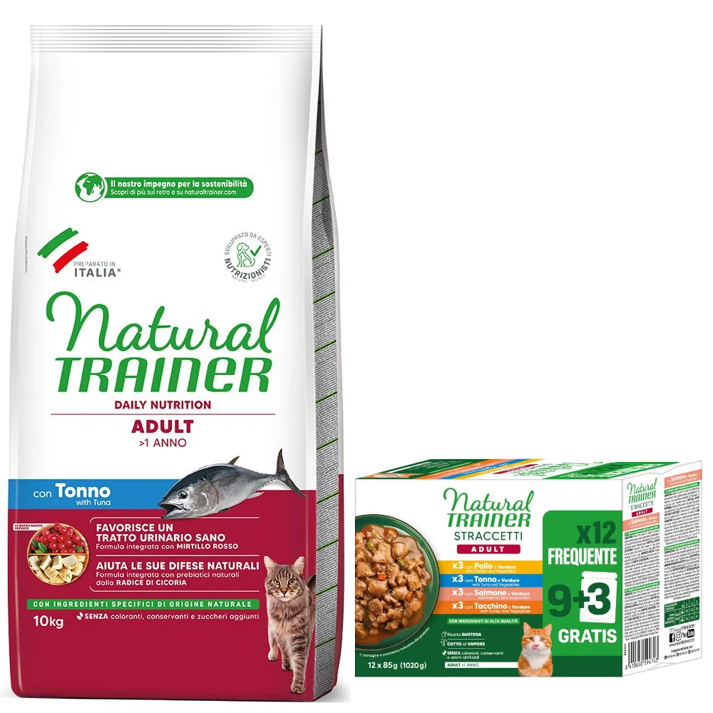 10 kg Trainer Natural + 12 x 85 g Adult plátky v omáčke zadarmo - Adult s tuniakom 10 kg + Adult plátky v omáčke  mix (kuracie, losos, tuniak, morčacie) 12 x 85 g
