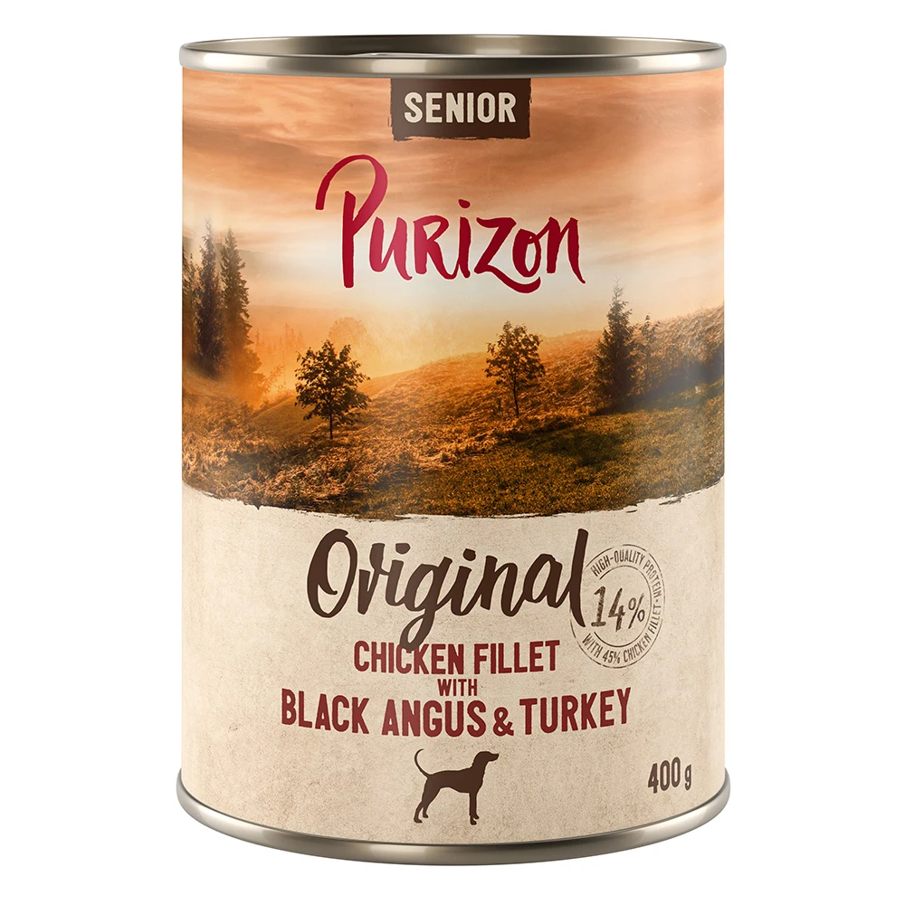 Výhodné balenie Purizon Adult 24 x 400 g - Senior: kuracie filety s hovädzím Black-Angus