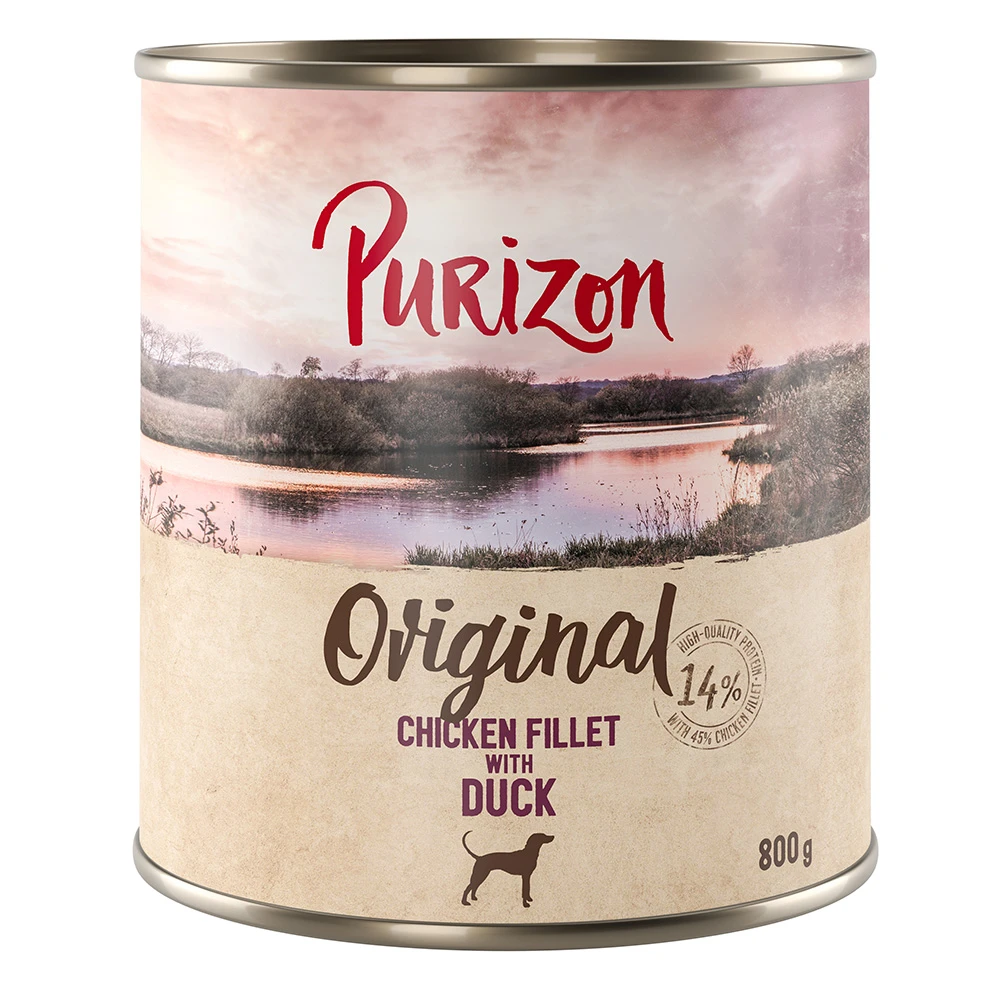Výhodné balenie Purizon 12 x 800 g - Adult: kuracie filety s kačacím, mrkvou a černicami