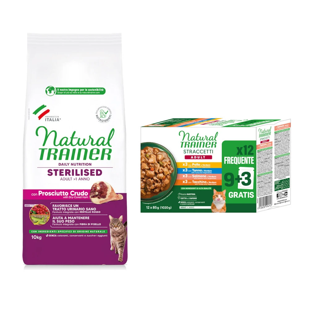 10 kg Trainer Natural + 12 x 85 g Adult plátky v omáčke zadarmo - Sterilised so sušenou šunkou 10 kg + Adult plátky v omáčke mix (kuracie, losos, tuniak, morčacie) 12 x 85 g