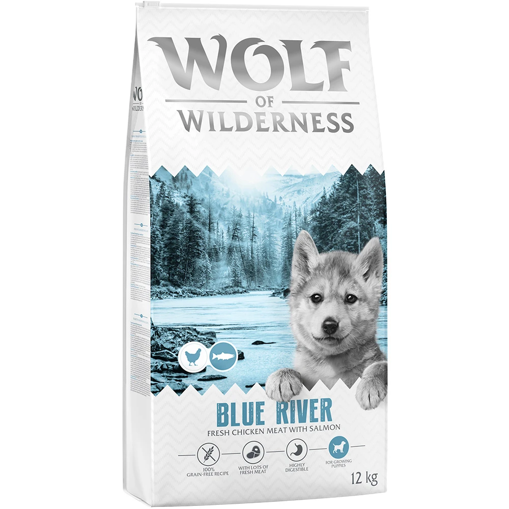 Wolf of Wilderness Junior "Blue River" Salmon - bez obilnín - výhodné balenie: 2 × 12 kg