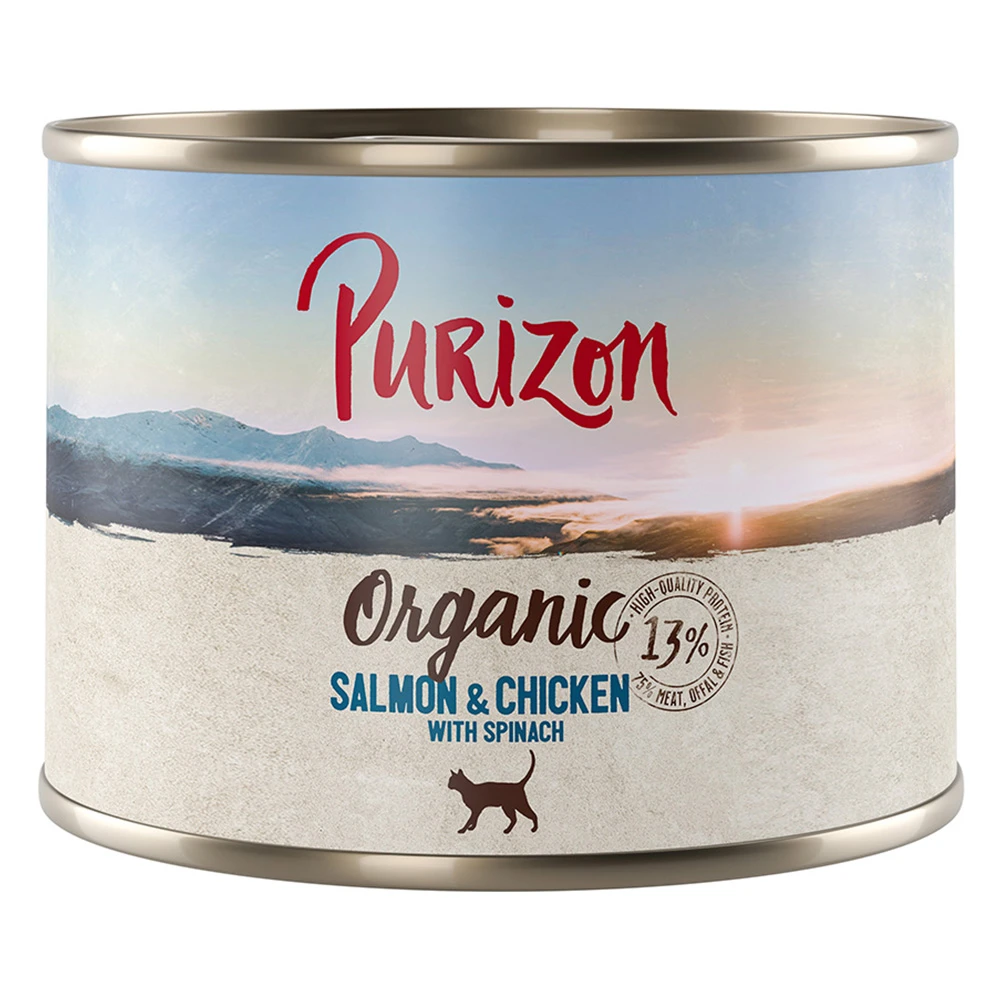 Výhodné balenie Purizon Organic 12 x 200 g - losos a kuracie so špenátom