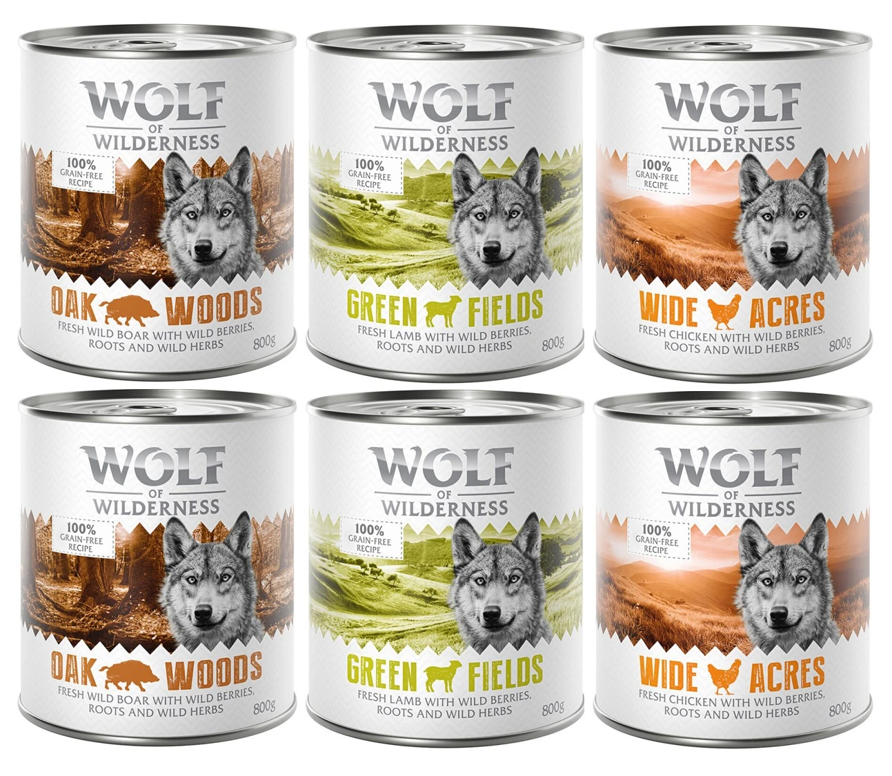 6 x 800 g miešané balenia - Wolf of Wilderness - 6 x 800 g: diviak, kuracie, jahňacie