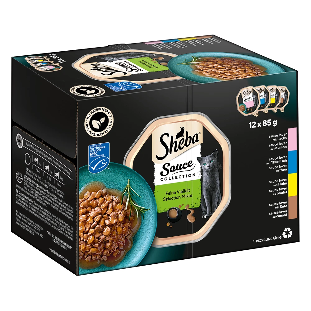 Výhodné balenie Sheba variácie mištičky 144 x 85 g - Sauce Lover (losos; tuniak; kuracie; kačacie)