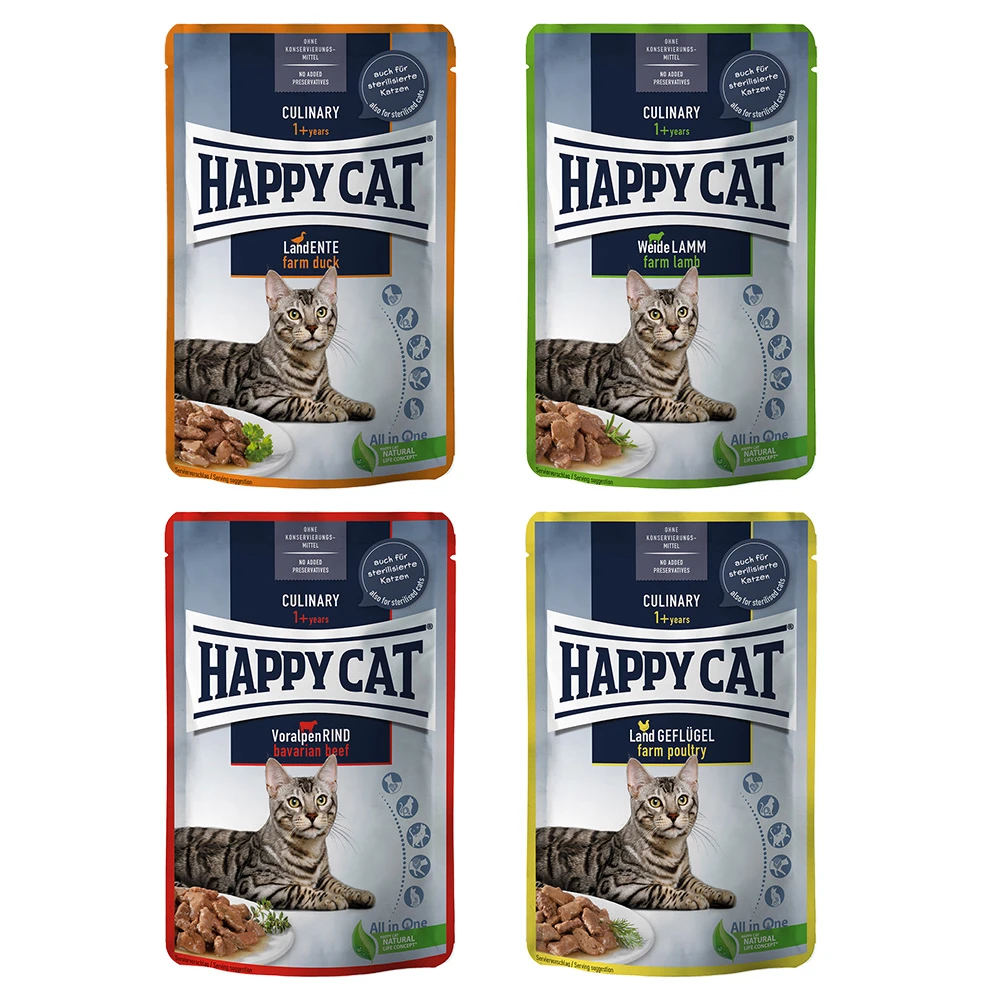 Happy Cat Kapsička Mäso v omáčke 12 x 85 g  - Miešané balenie 2 (4 druhy)
