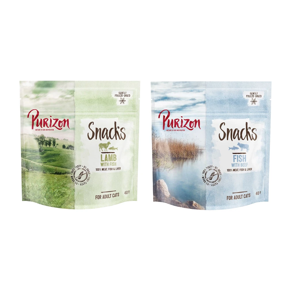 Balenie na skúšku Purizon Snacks 2 x 40 g  - jahňacie a ryby / ryby a hovädzie