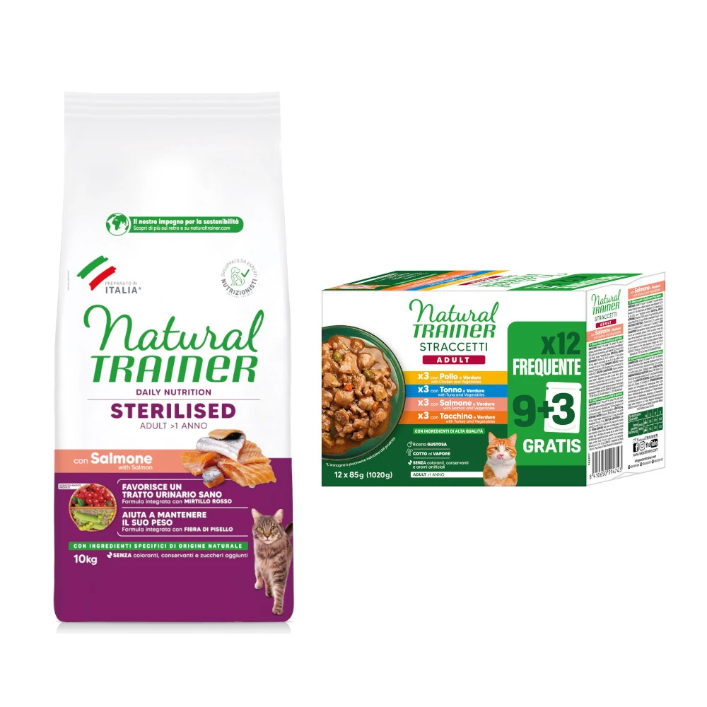 10 kg Trainer Natural + 12 x 85 g Adult plátky v omáčke zadarmo Sterilised s lososom 10 kg + Adult plátky v omáčke mix (kuracie, losos, tuniak, morčacie) 12 x 85 g