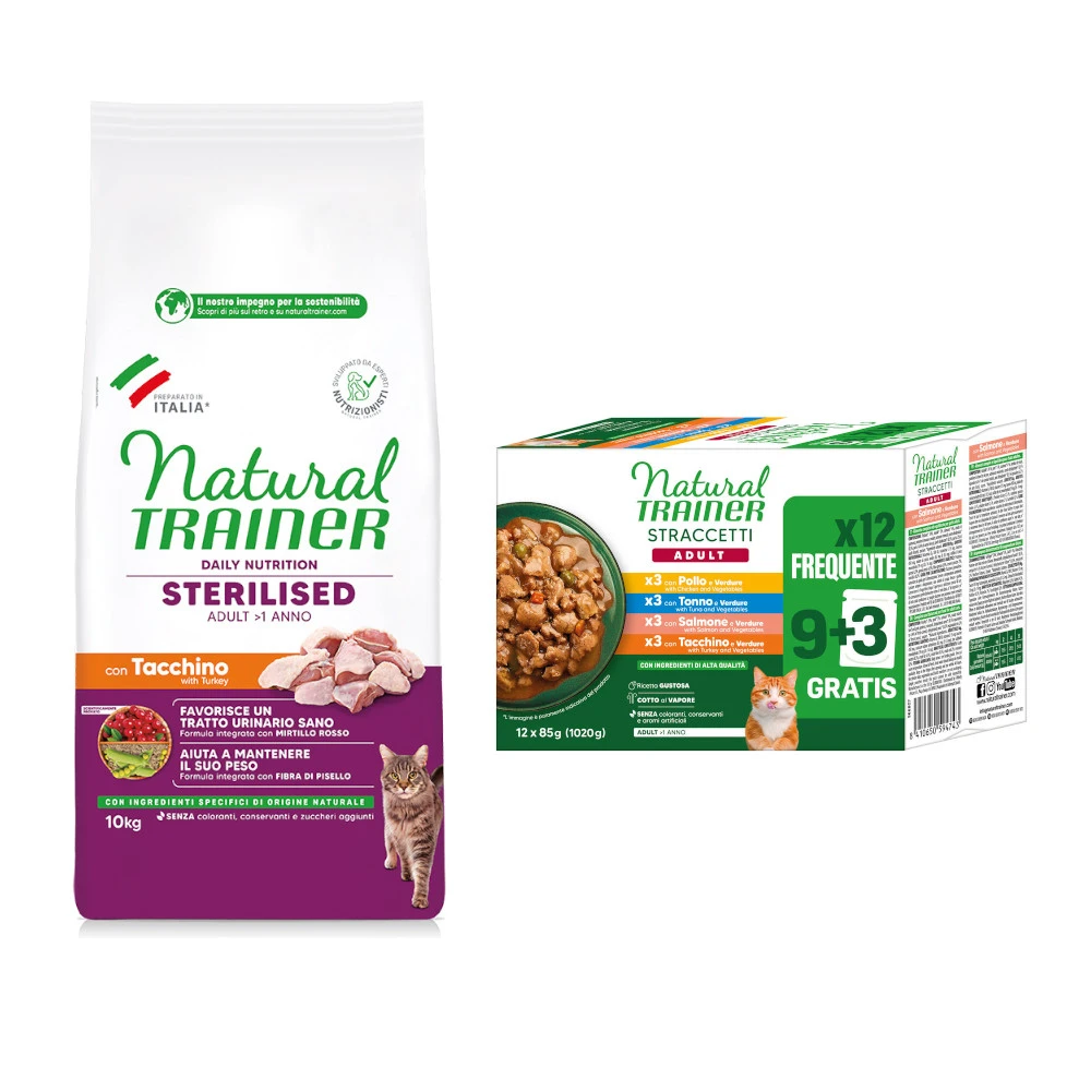 10 kg Trainer Natural + 12 x 85 g Adult plátky v omáčke zadarmo Sterilised s morčacím 10 kg + Adult plátky v omáčke mix (kuracie, losos, tuniak, morčacie) 12 x 85 g