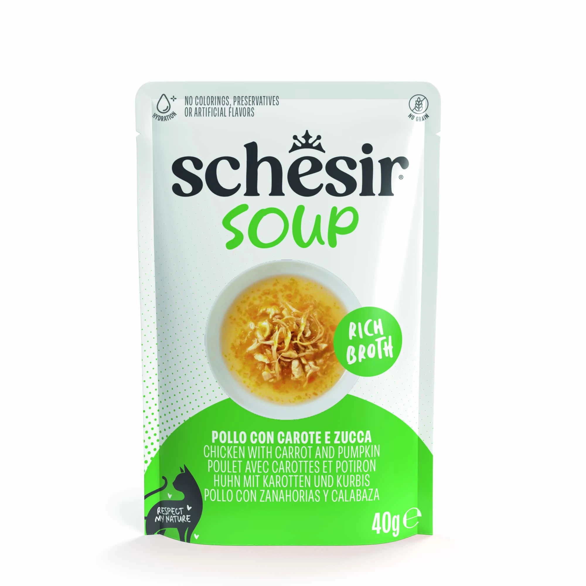 Schesir Cat Soup 12 x 40 g - kapsičky - kuracie s mrkvou a tekvicou
