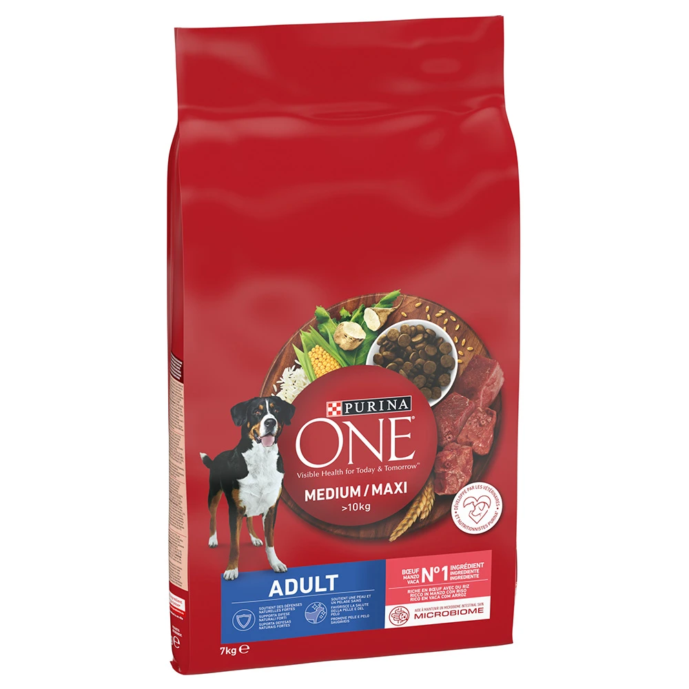 Purina ONE Medium/Maxi Active granule hovädzie, ryža - výhodné balenie: 2 x 7 kg