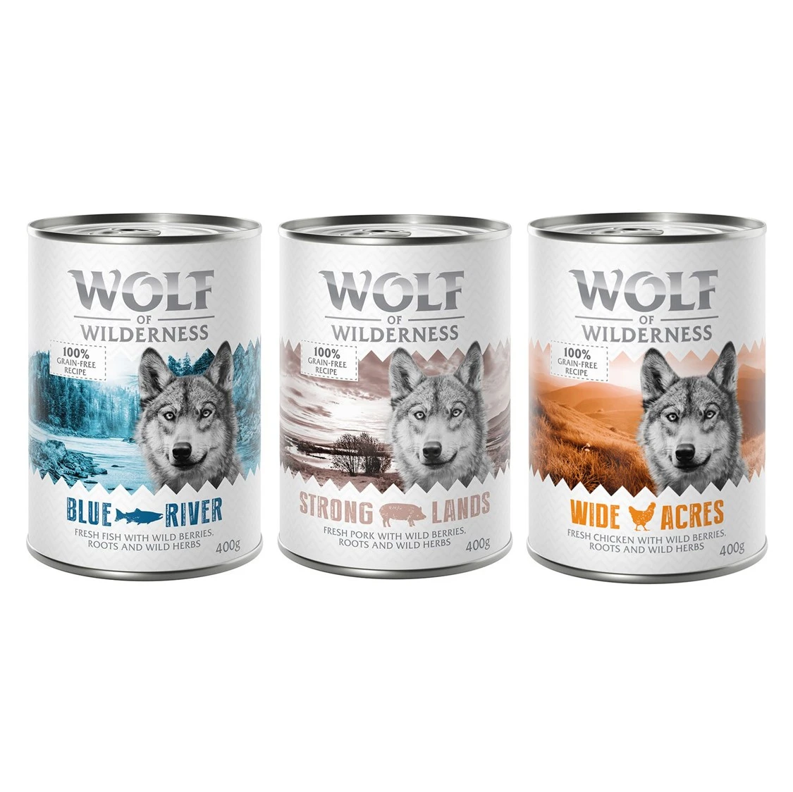 6 x 400 g miešané balenia - Wolf of Wilderness - 6 x 400 g kuracie, bravčové, ryba