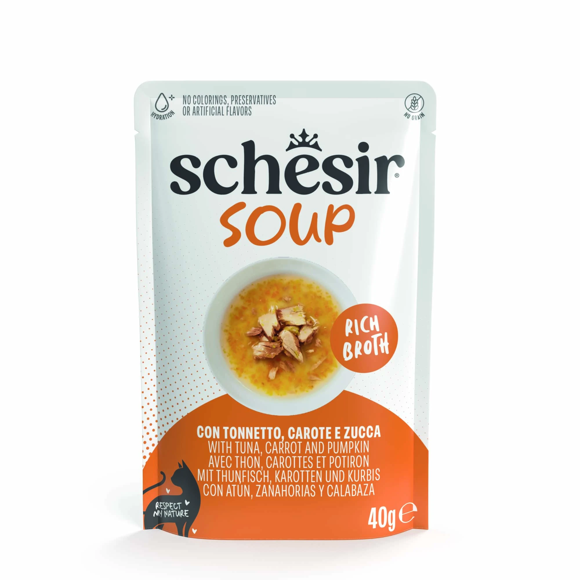 Schesir Cat Soup 12 x 40 g - kapsičky - tuniak, mrkva a tekvica