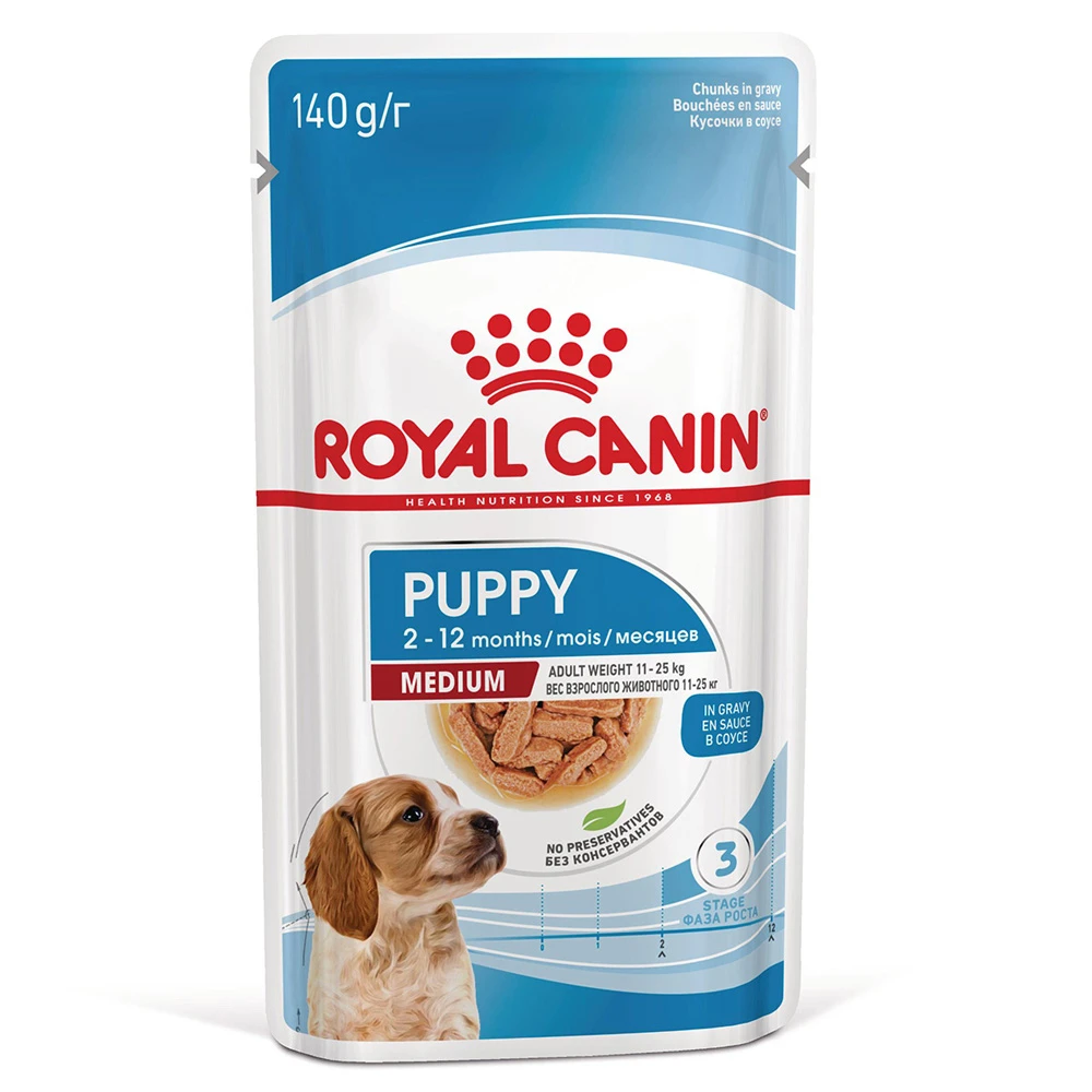 Royal Canin Medium Puppy - ako doplnok: mokré krmivo 20 x 140 g Royal Canin Medium Puppy kapsičky