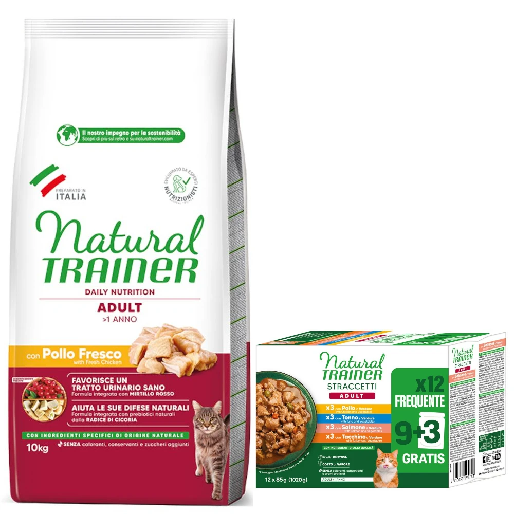 10 kg Trainer Natural + 12 x 85 g Adult plátky v omáčke zadarmo -  Adult s kuracím 10 kg +  Adult plátky v omáčke mix (kuracie, losos, tuniak, morčacie) 12 x 85 g