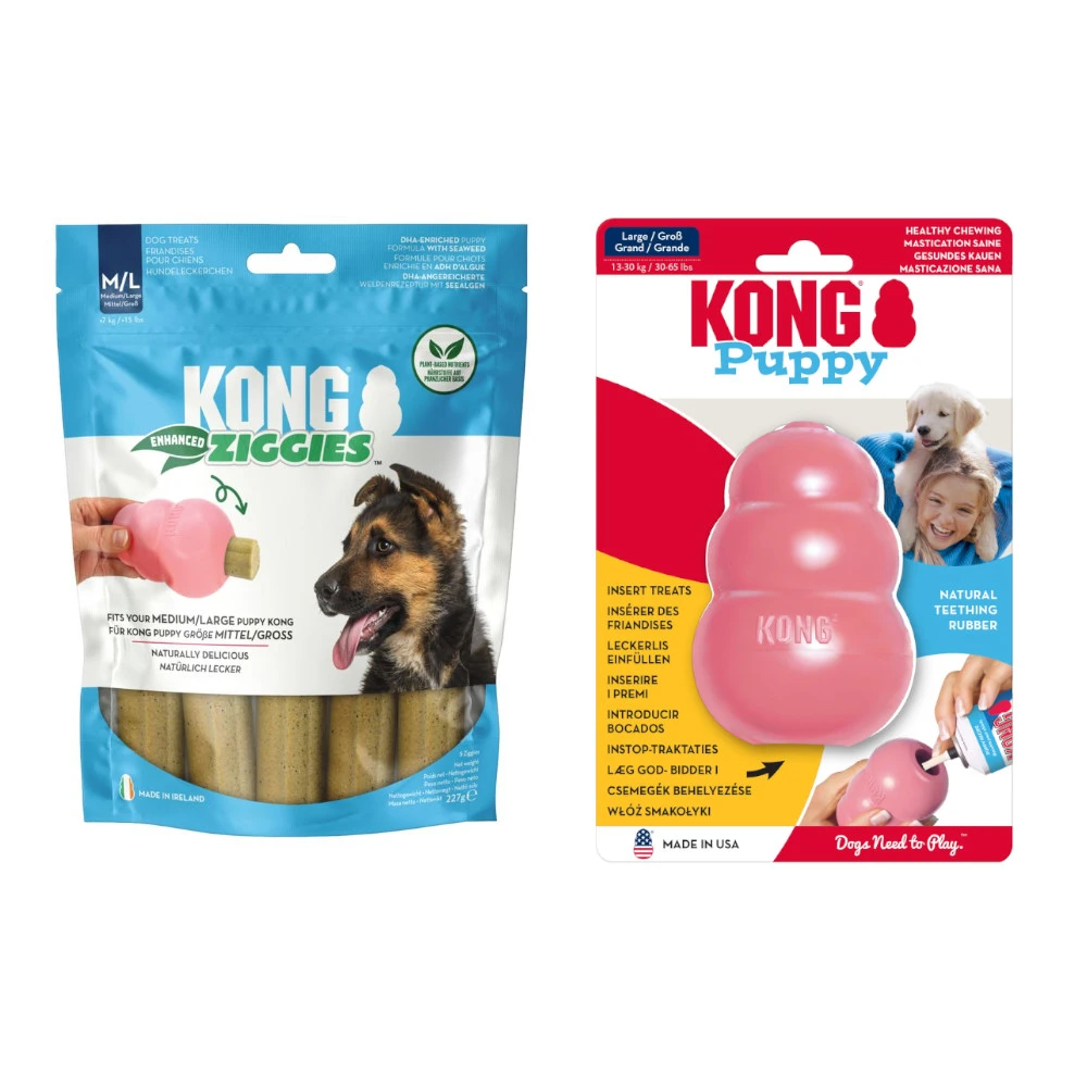 KONG hračka pre šteniatka - KONG veľkosť L, ružový + KONG Enhanced Ziggies Puppy M/L (227 g)