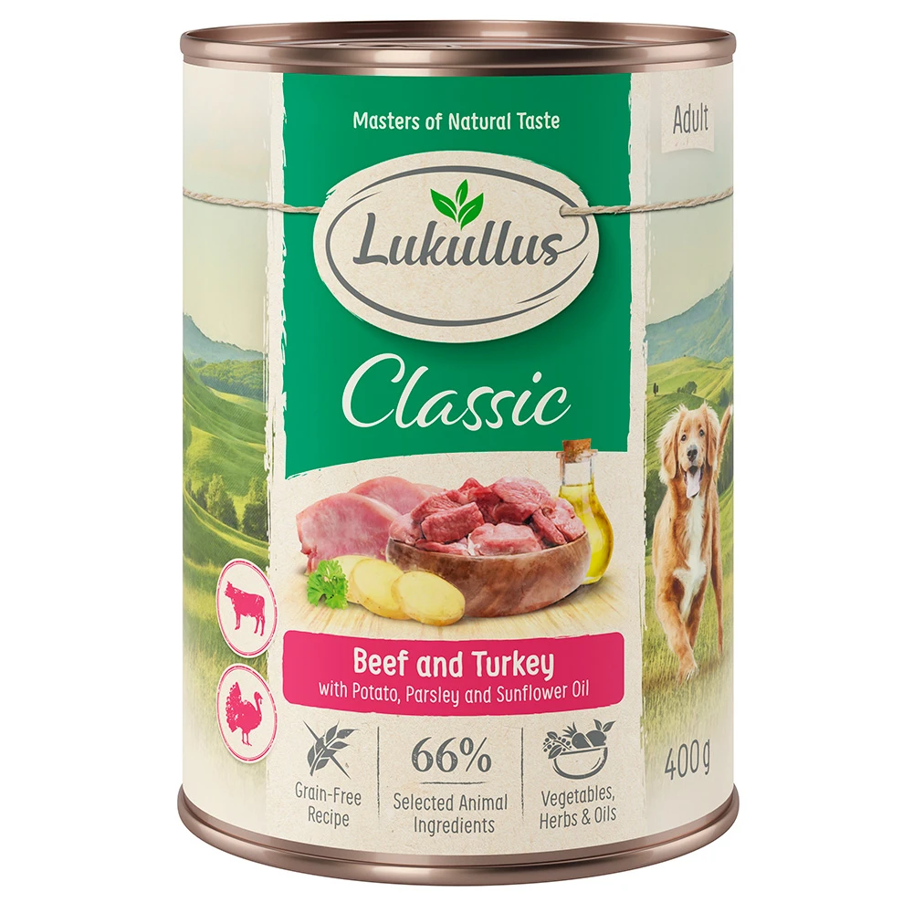 Lukullus Adult bez obilnín 6 x 400 g - hovädzie a morčacie