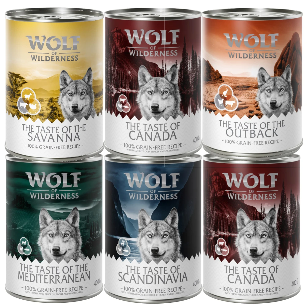 6 x 400 g miešané balenia - Wolf of Wilderness - The Taste Of: Canada, Scandinavia, Mediterranean, Outback, Savanna