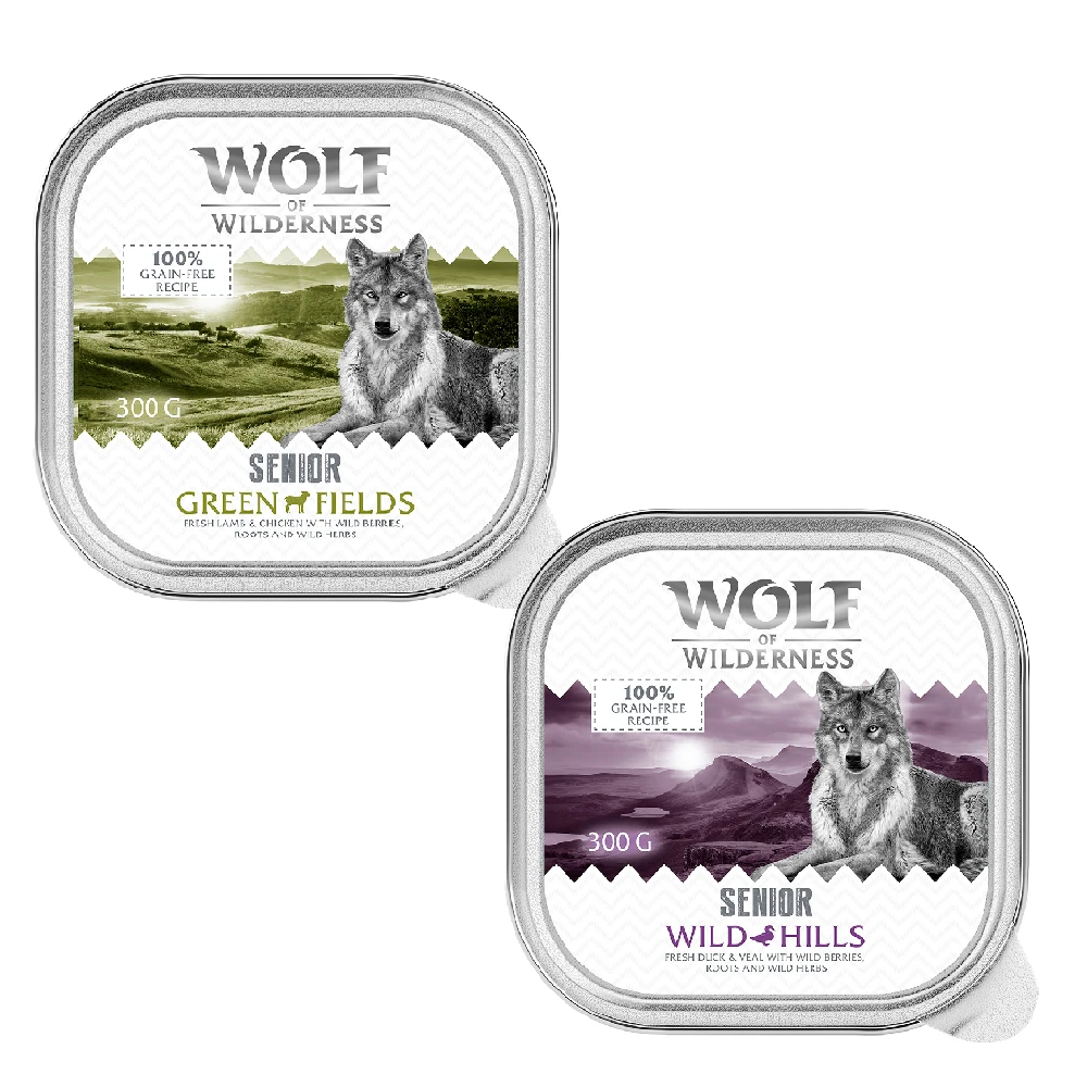 Wolf of Wilderness Senior - Duo-Protein 6 / 24 x 300 g vanička - 6 x 300 g: mix balenie (3x jahňacie a kuracie, 3x kačacie a teľacie)
