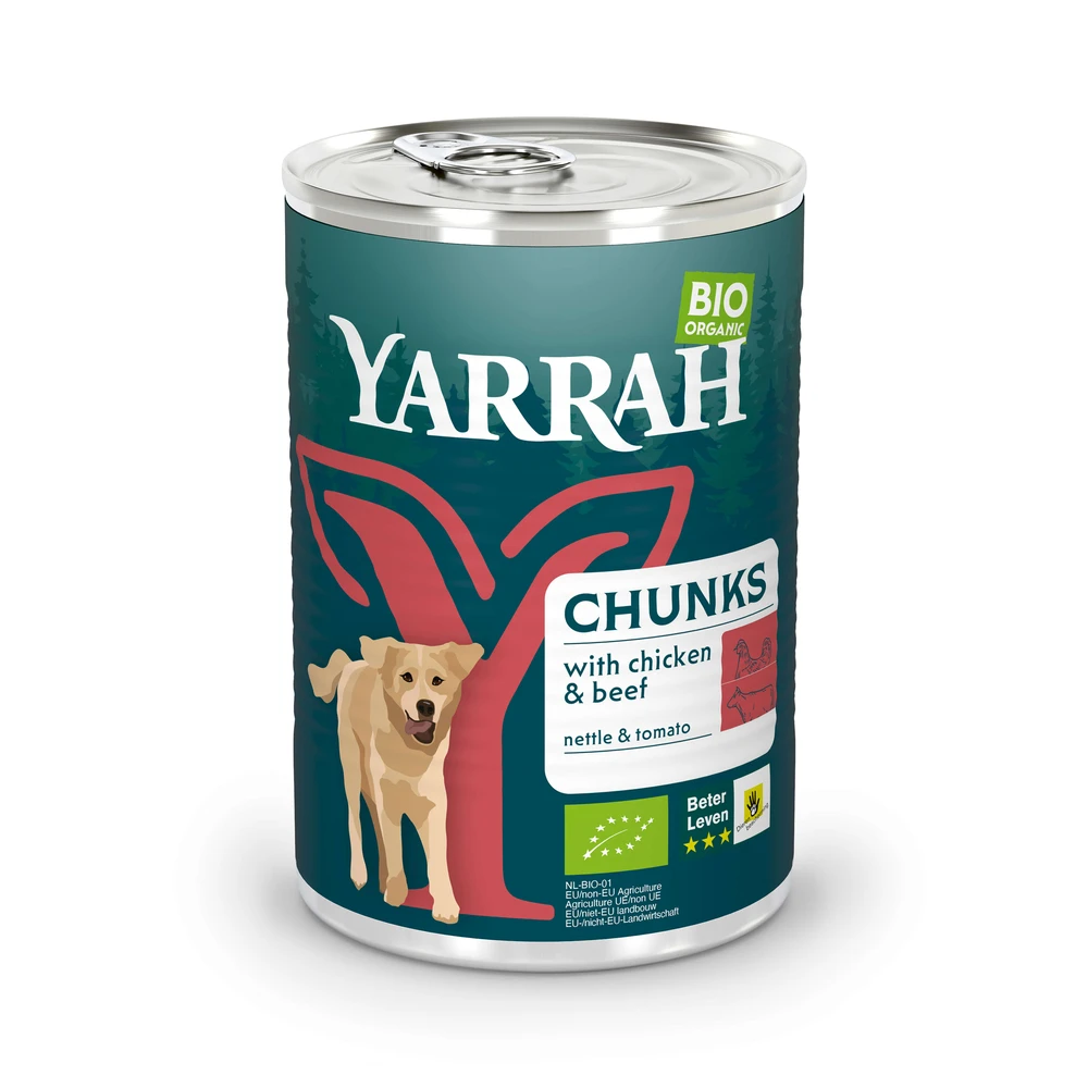 Výhodné balenie Yarrah Bio 12 x 405 g/400 g - bio hovädzie s bio žihľavou a bio paradajkami 12 x 405 g