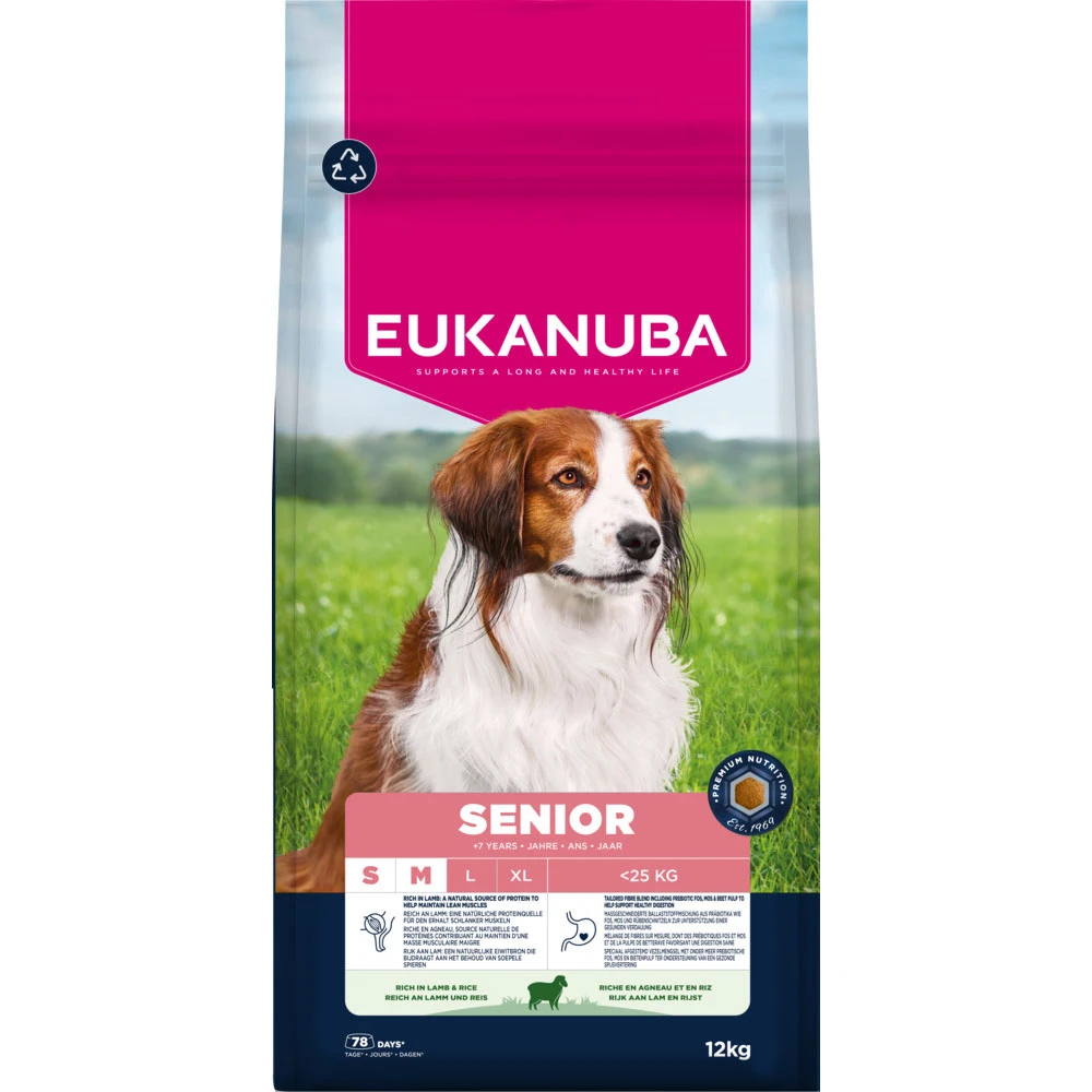 Eukanuba Premium Nutrition Senior Small & Medium Breed jahňacie a ryža - výhodné balenie: 2 × 12 kg