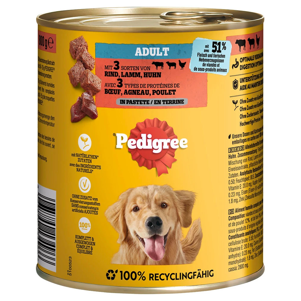 Pedigree Classic 12 x 800 g - hovädzie, jahňacie a kuracie mäso v paštéte