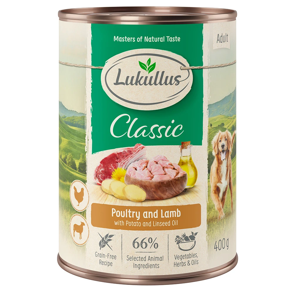 Lukullus Adult bez obilnín 6 x 400 g - hydina a jahňacie