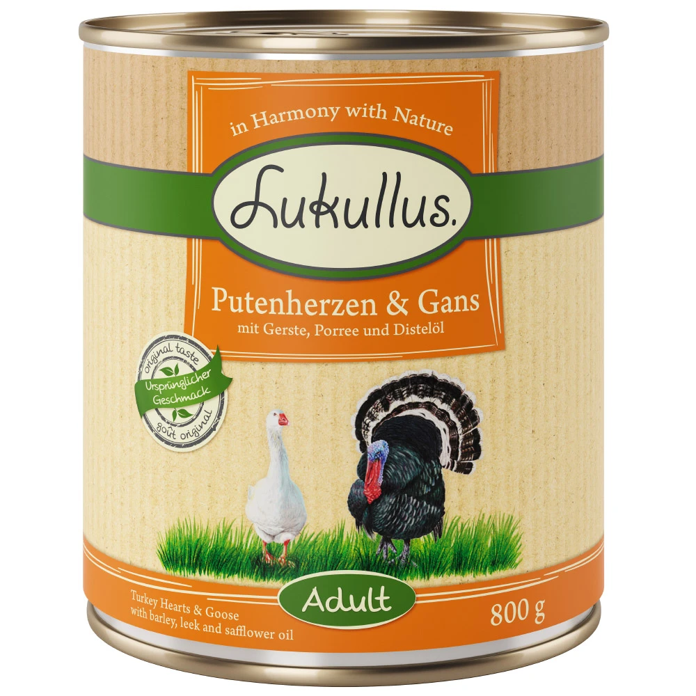 Lukullus Naturkost Adult / Junior, 6 x 800 g - 5 + 1 zdarma! - Morčacie srdce & hus