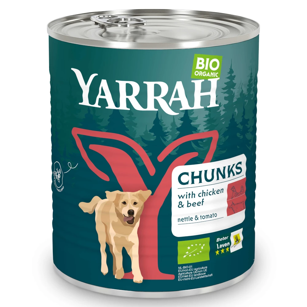 Yarrah Bio kúsky 12 x 820 g - bio hovädzie s bio žihľavou a bio paradajkami