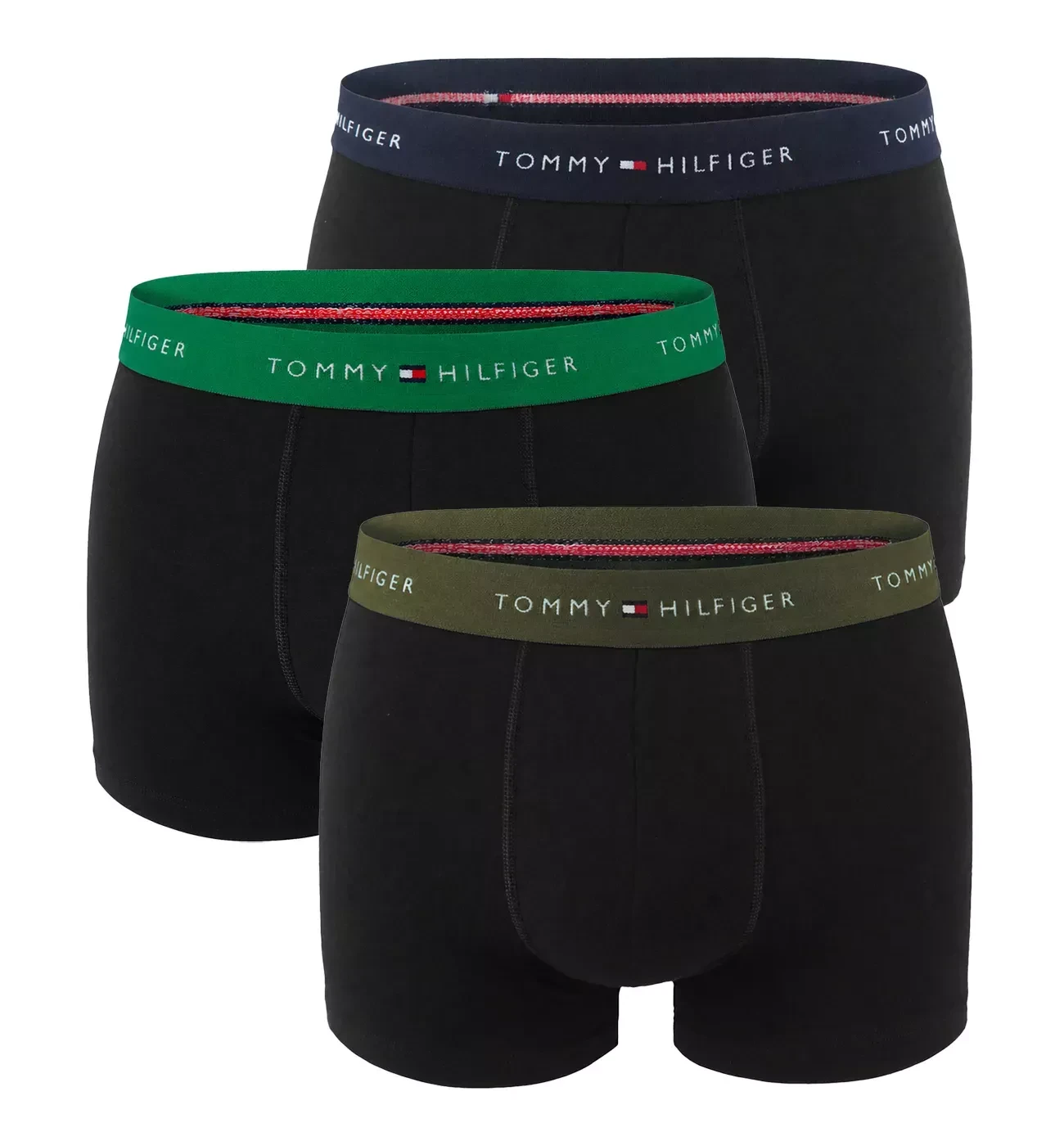 TOMMY HILFIGER - pánske boxerky 3PACK eco friendly signature cotton essentials black / forest & blue waist
