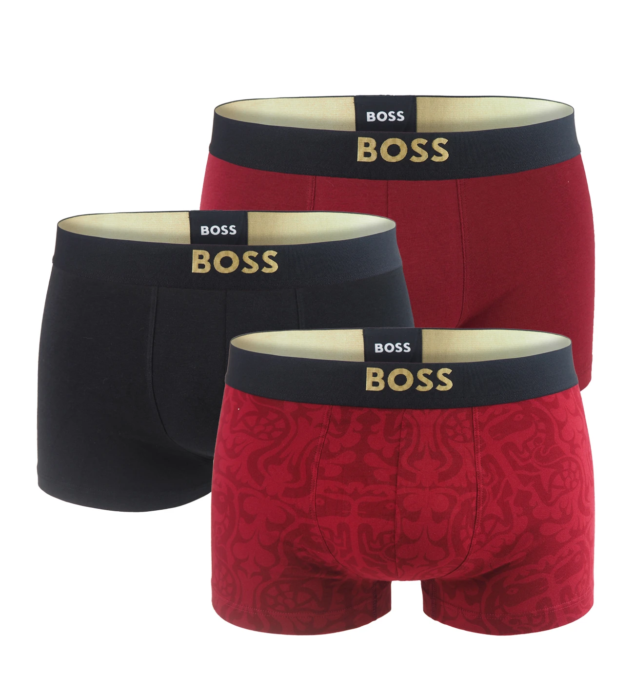 BOSS - pánske boxerky 3PACK cotton stretch black & red wine / dragon edition