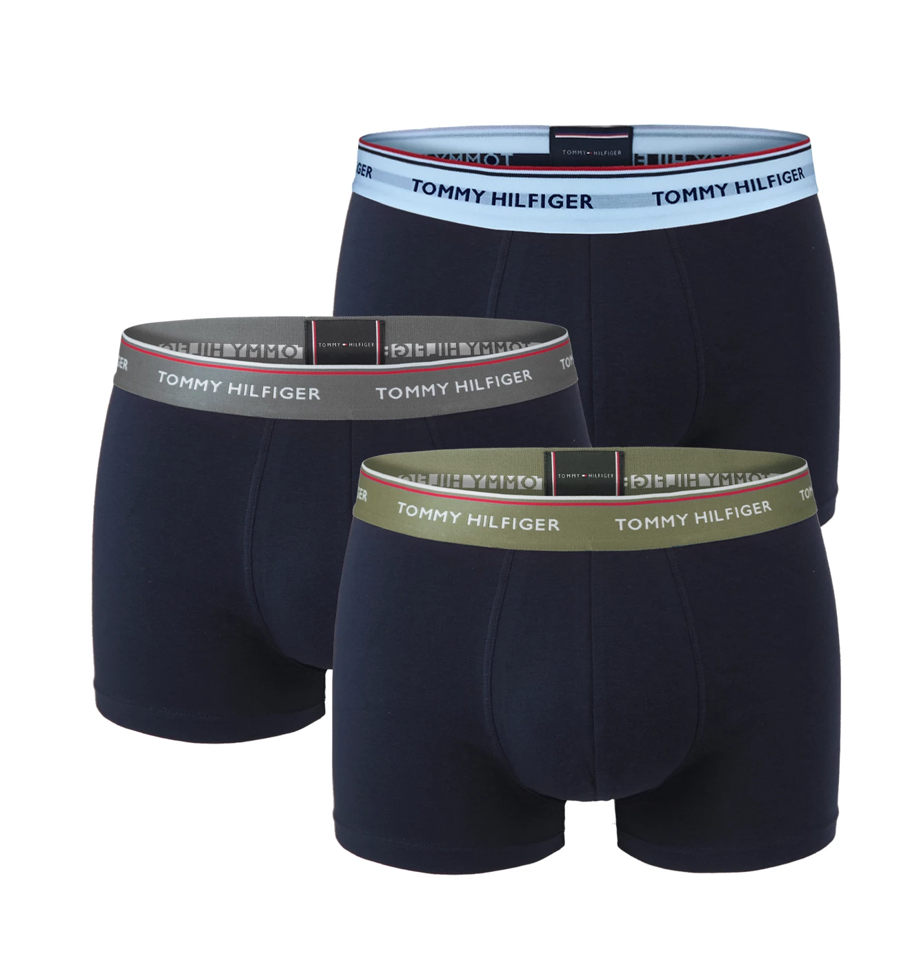 TOMMY HILFIGER - boxerky 3PACK premium essentials color deep s olive farebným pásom