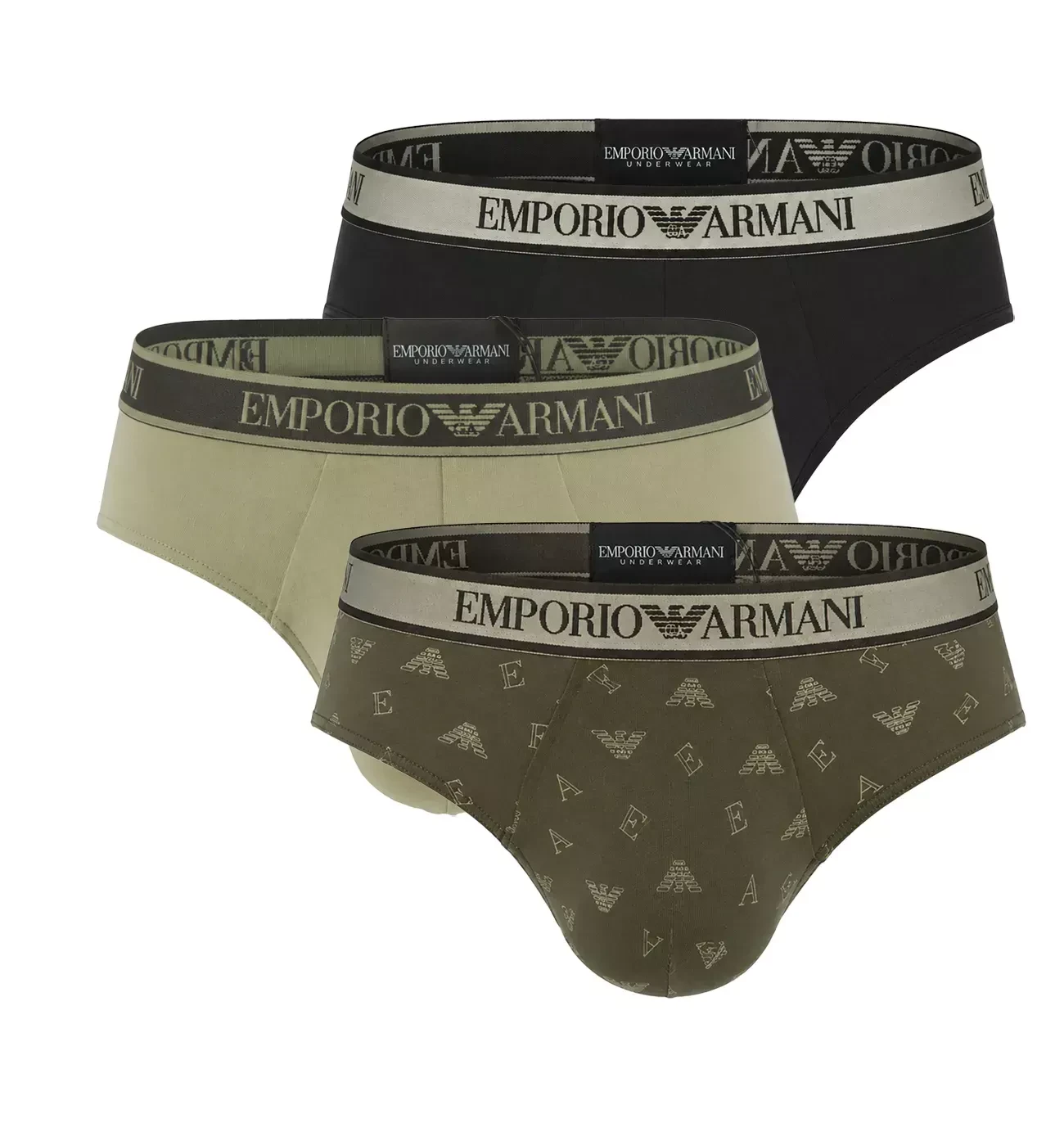 EMPORIO ARMANI - pánske slipy 3PACK stretch cotton iconic Armani logo sage & black tones