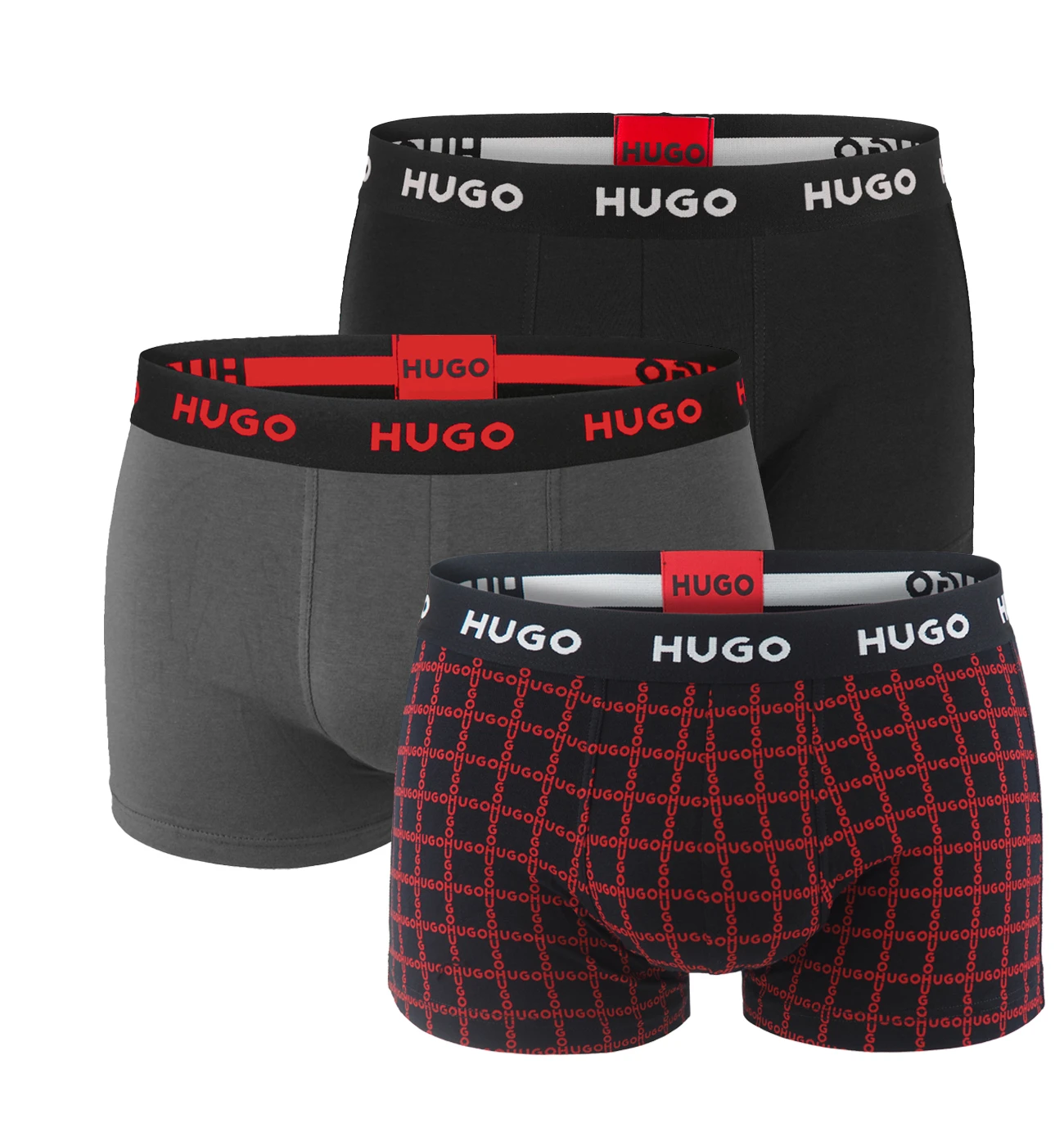 HUGO - boxerky 3PACK cotton stretch dark color / modern red HUGO logo grid