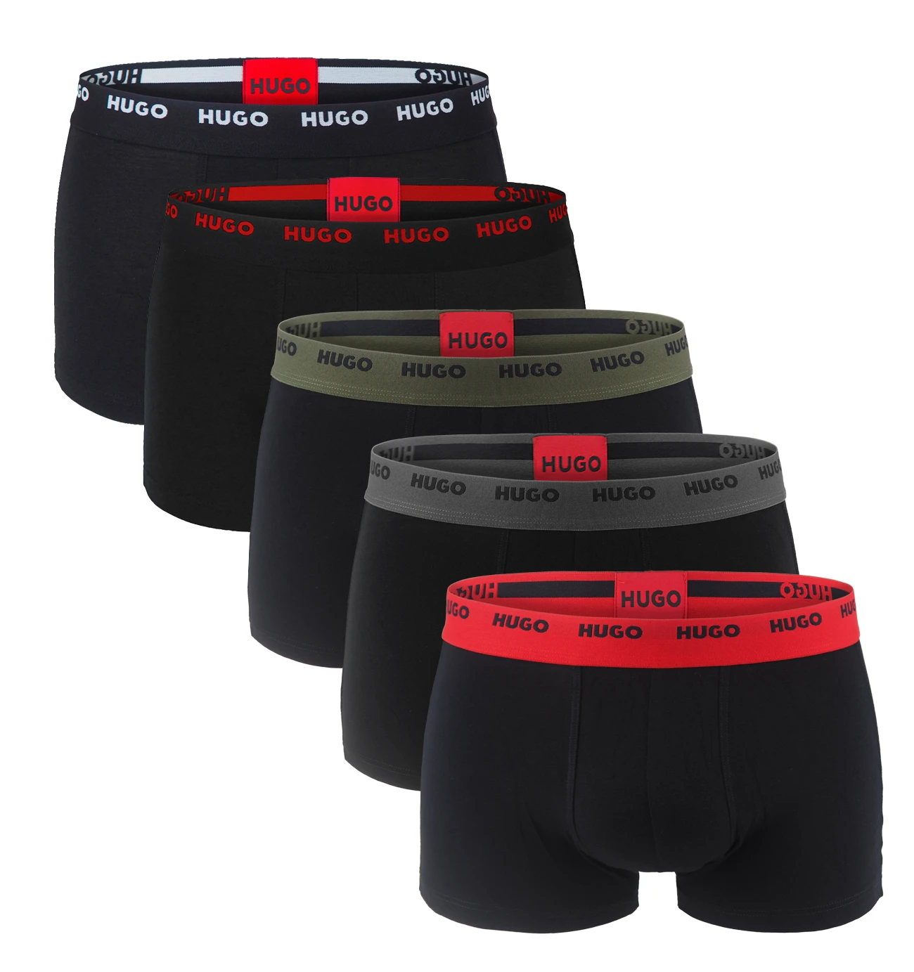 HUGO - boxerky 5PACK eco friendly stretch cotton black with modern contrast logo waist