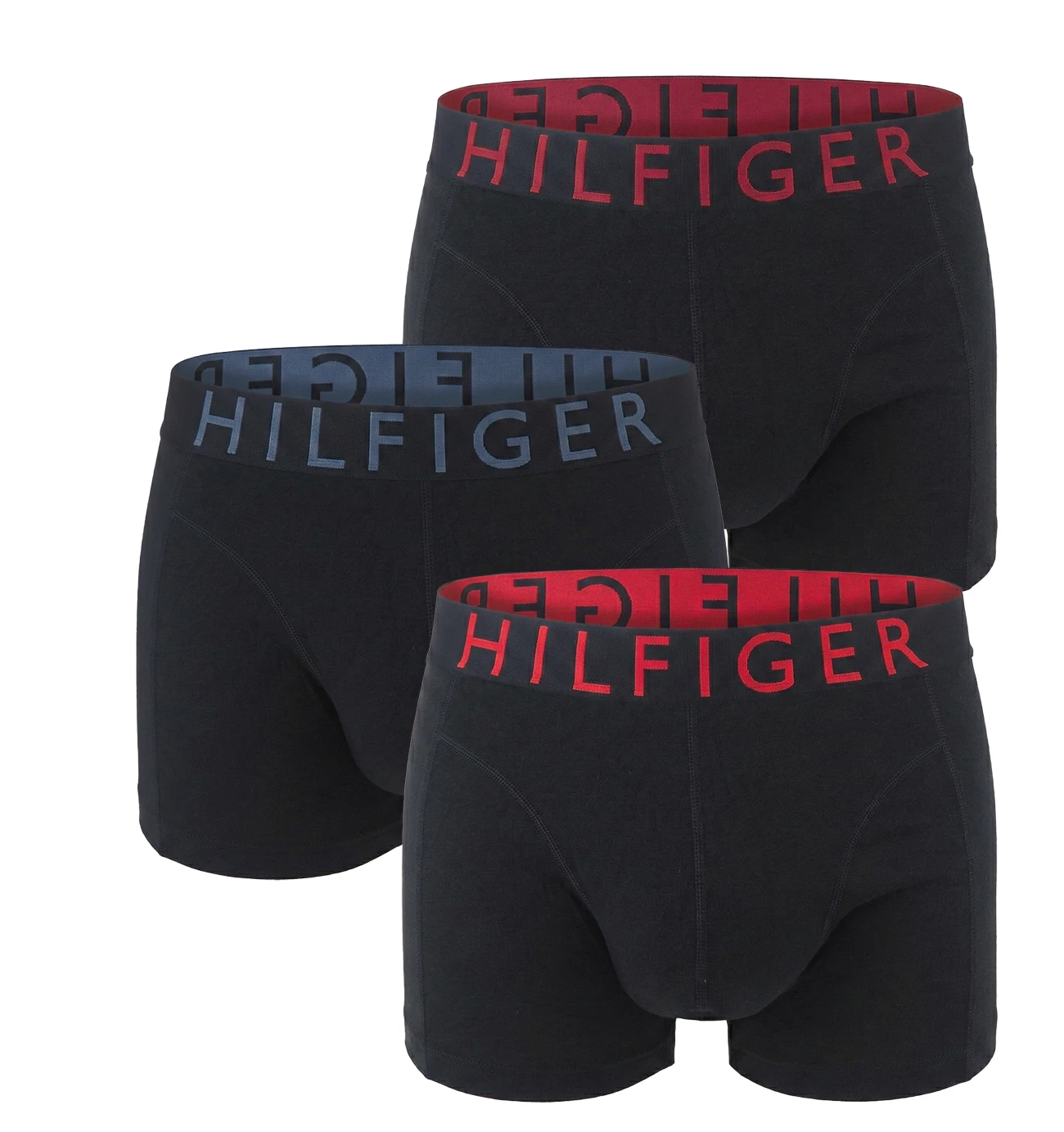 TOMMY HILFIGER - boxerky 3PACK eco friendy cotton stretch black / blue & red wine bold logo waist