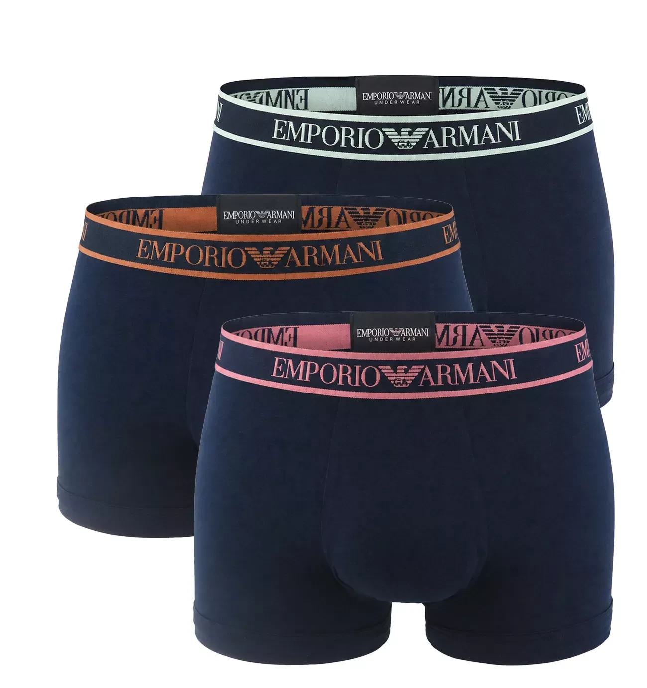EMPORIO ARMANI - pánske boxerky 3PACK stretch cotton iconic Armani logo arctic blue / pop waist