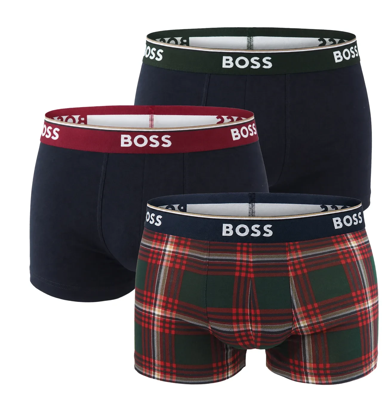 BOSS - pánske boxerky 3PACK Power cotton stretch red plaid & navy tones